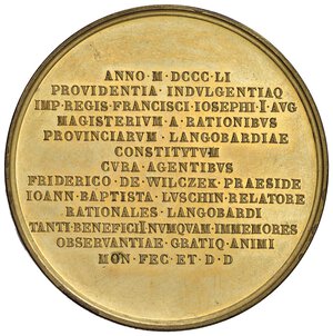 reverse: AUSTRIA Federico di Wilczek Medaglia 1851 Ministro delle Finanze austriache - Opus: Francesco Broggi, Turricchia L.V. 552 AE dorato (g 62,90 - Ø 50 mm) R Segnetti di contatto al bordo. SPL+