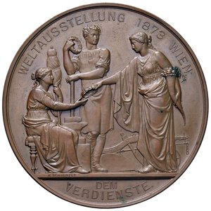 reverse: AUSTRIA Francesco Giuseppe I d Asburgo Lorena (1848-1916) Medaglia 1873 Esposizione mondiale di Vienna, allegoria I Meritio - Opus: J. Tautenhayn e K. Schwenzer AE (g 152,00 - Ø 70,50 mm) Minimi colpetti al bordo. qFDC