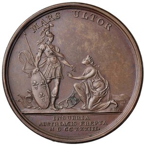 reverse: FRANCIA Luigi XV (1715-1774) Medaglia 1733 Le forze franco-sarde occupano Milano fino al 1736, anno in cui torna sotto il dominio dell impero - Opus: J.C. Roettiers AE (g 28,00 - Ø 41 mm) Leggeri segni di contatto al bordo e lieve ossidazione. SPL+