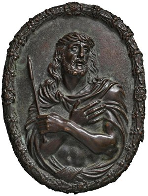 obverse: SPAGNA Placchetta ovale da fusione del XVII secolo di area spagnola. ECCE HOMO, il Cristo velato con le mani incrociate sul petto - senza firma - Bordo lavorato e fondo bulinato AE (g 231,00 - Ø 113x85 mm) Fusione originale del XVII secolo. SPL