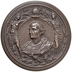 obverse: STATI UNITI Cristoforo Colombo (1451-1506) Medaglia 1892 di massimo modulo IV centenario della scoperta dell America - Opus: L. Pogliaghi e A. Cappuccio edizione degli Stabilimenti Stefano Johnson di Milano, Johnson 28 AE (g 445,20 - Ø 102 mm) RRR SPL+