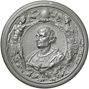 obverse: STATI UNITI Cristoforo Colombo (1451-1506) Medaglia 1892 di massimo modulo IV centenario della scoperta dell America - Opus: L. Pogliaghi e A. Cappuccio edizione degli Stabilimenti Stefano Johnson di Milano, Johnson 28 PB (g 381,00 - Ø 101,88 mm) R SPL-FDC