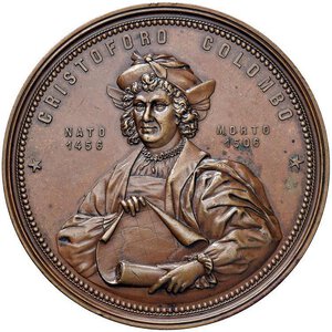 obverse: STATI UNITI Cristoforo Colombo (1451-1506) Medaglia 1892 Esposizione Italo-Americana di Genova, in occasione del IV centenario della scoperta dell America - Opus: W. Mayer, Wurzbach 1459 AE (g 217,00 - Ø 89,50 mm) R Colpetti al bordo. SPL+