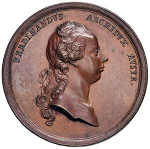 obverse: Ferdinando Carlo Antonio d Asburgo-Lorena (1754-1806)  Medaglia 1771 Nomina dell arciduca d Este-Austria a prefetto della Lombardia - Opus: J. M. Krafft, Julius 2554; Montenuovo 2037 AE (g 47,80 - Ø 49,50 mm) Colpetti al bordo, residui nei campi. SPL