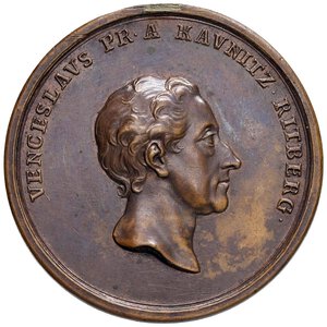 obverse: Venceslao Kaunitz (1711-1794) Medaglia 1773 Nomina a cancelliere di Maria Teresa per l Italia - Opus: J. M. Krafft, Donebauer n. 3496 AE (g 48,20 - Ø 49,20 mm) Appiccagnolo rimosso, graffi nei campi. qSPL