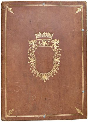 obverse: PATENTE DI NOBILTÀ Nomina a Conte Palatino di Bernardino Calderari da parte di Federico Sforza (Milano, 11 aprile 1687) 4 carte in pergamena (mm 224x150), di cui 2 manoscritte in latino con inchiostro bruno ed oro, con il testo sempre contornato da bordura ornamentale; la prima carta miniata a verso e recto con armi nobiliari rispettivamente del Papa e degli Sforza, così come il verso della quarta, che riporta il blasone Calderari, eseguite con un raffinato motivo policromo ad ornamento dei blasoni; anche le armi sono racchiuse dalla medesima cornice ornamentale. Federico Sforza, principe del Sacro Romano Impero, conferisce a Bernardino Calderari il titolo di conte Palatino. Importante documento rilegato in piena pelle con doppio filetto dorato con cantonali floreali vuoto internamente, decorato da motivi floreali intrecciati, di due angeli che sorreggono una corona. Vi è una carta aggiunta all’inizio, non in pergamena, che riporta un ritratto in ovale del papa Innocenzo XI inciso da De Larmessin nel 1670; il ritratto è in bianco e nero, mentre la cornice ed il festone sono anticamente colorati d’epoca; la parte inferiore all’ovale riprende la bordura manoscritta delle altre carte. Molto ben conservato, eccettuate minime tracce del tempo alla legatura, tracce di legacci. Proveniente dalla libreria antiquaria Perini di Verona. Come da foto