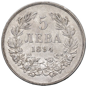 reverse: BULGARIA. Ferdinando I (1887-1918). 5 Leva 1894 KB. AG (g 24,85). KM 18. Colpetti al bordo. BB