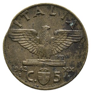 obverse: ERRORE - Vittorio Emanuele III - 5 Centesimi 1942 Tondello Tranciato