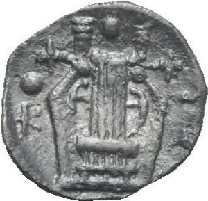 reverse: Sicily. Katane. Circa 415-412 BC. Tetras or Trionkion (Silver, 8.24 mm, 0.14 g). Laureate head of Apollo to left. Rev. K - A Kithara with three pellets around. HGC 2, 594. SNG ANS -. Deeply toned. Good Very Fine/Extremly Fine. Rare.