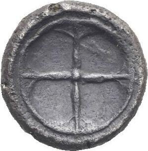 reverse: Sicily. Syracuse, Deinomenid Tyranny. Circa 485-470 BC. Obol (Silver, 8.60 mm, 0.68 g). Diademed head of Arethusa right. Rev. Four-spoke wheel. HGC 2, 1371. Boehringer 286–291. Dark patina. About Extremely Fine.