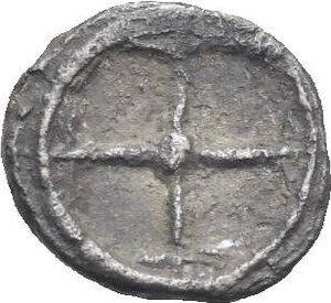 reverse: Sicily. Syracuse, Deinomenid Tyranny. Circa 485-470 BC. Obol (Silver, 7.97 mm, 0.48 g). Diademed head of Arethusa right. Rev. Four-spoke wheel. HGC 2, 1371. Boehringer 362-370. Dark patina. Good Very Fine.
