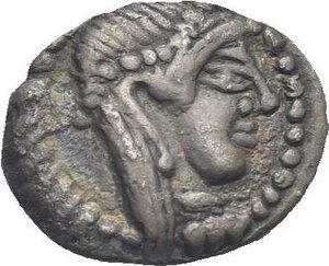 obverse: Sicily. Syracuse, Deinomenid Tyranny. Circa 485-470 BC.  barbarische  Obol (Silver, 10.91 mm, 0.45 g). Diademed head of Arethusa right. Rev. Four-spoke wheel. HGC 2, - (but cfr. 1371). Boehringer, Barbarische Nachahmung B46. A similar specimen in Fornoni Price List, Autumn 1999, n. 21. Toned. About Extremely Fine. Very Rare.

