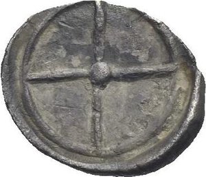 reverse: Sicily. Syracuse, Deinomenid Tyranny. Circa 485-470 BC.  barbarische  Obol (Silver, 10.91 mm, 0.45 g). Diademed head of Arethusa right. Rev. Four-spoke wheel. HGC 2, - (but cfr. 1371). Boehringer, Barbarische Nachahmung B46. A similar specimen in Fornoni Price List, Autumn 1999, n. 21. Toned. About Extremely Fine. Very Rare.

