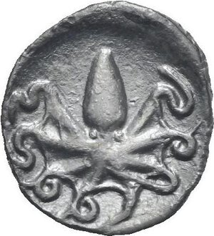 reverse: Sicily. Syracuse. Second Democracy, 466-405 BC. Litra (Silver, 11.39 mm, 0.52 g). ΣVRA Diademed head of Arethusa right. Rev. Octopus. HGC 2, 1375 var. (legend on reverse). Boehringer 415-422 (missing obverse dies with retrograde R). Dark patina. Very Fine.