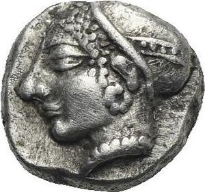 obverse: Ionia. Phocaea. Early 5th Century BC. Diobol (Silver, 9.87 mm, 1.30 g). Female head left,  hair in saccos. Rev. Quadripartite incuse square. SNG von Aulock 1813. SNG Tubingen 3117. Klein 452. SNG Kayhan 522. Toned. Good Very Fine.