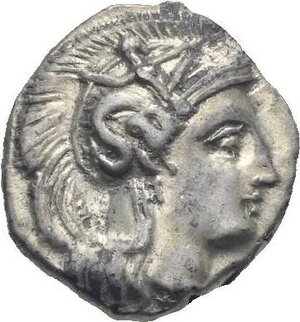 obverse: Calabria. Tarentum. Circa 380-325 BC. Diobol (Silver, 10.98 mm, 1.22 g) Head of Athena right, wearing crested Attic helmet decorated with Skylla right throwing stone, earring and necklace. Rev. Herakles nude kneeling right and strangling the Nemean lion, club to left ? (out of flan), owl standing left with closed wings on lion’s back. Vlasto 1324. HN Italy 976. HGC 1, 834. Toned. Near Extremely Fine.