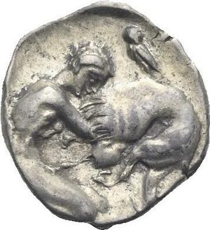 reverse: Calabria. Tarentum. Circa 380-325 BC. Diobol (Silver, 10.98 mm, 1.22 g) Head of Athena right, wearing crested Attic helmet decorated with Skylla right throwing stone, earring and necklace. Rev. Herakles nude kneeling right and strangling the Nemean lion, club to left ? (out of flan), owl standing left with closed wings on lion’s back. Vlasto 1324. HN Italy 976. HGC 1, 834. Toned. Near Extremely Fine.