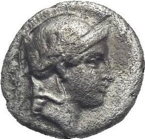 obverse: Ionia. Magnesia.  Circa 350-200 BC. Obol (Silver, 8.91 mm, 0.81 g). Head of Athena to right, wearing crested and wreathed Attic helmet. Rev. M-A Trident; all within maeander circle. SNG Copenhagen 810. SNG von Aulock 2032. Toned. Some porosity, otherwise, Very Fine.