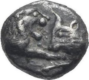 obverse: Lydia. Kroisos, King. Sardes. Circa 564-539 BC. 1/12 Stater (Silver, 8.11 mm, 0.87 g). Forepart of lion right, facing forepart of bull left. Rev. Rough incuse square. SNG Kayhan 1020. SNG von Aulock 2880. Berk 27. Deeply toned. Very Fine.