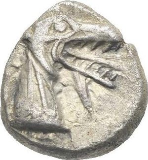 obverse: Caria. Halikarnassos. Circa 500-480 BC. Hecte (Silver, 10.00 mm, 1.88 g) Milesian standard. Head of Ketos right, with open jaws and beard, protruding tongue. Rev. Incuse flower with four pellets at corners and geometric pattern within incuse square. Ashton & Konuk 22-31. HN online 214. SNG Keckman - . SNG von Aulock 2341-2. SNG Kayhan 813-5. SNG Keckman - . Toned. Good Very Fine. 

