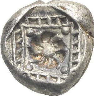 reverse: Caria. Halikarnassos. Circa 500-480 BC. Hecte (Silver, 10.00 mm, 1.88 g) Milesian standard. Head of Ketos right, with open jaws and beard, protruding tongue. Rev. Incuse flower with four pellets at corners and geometric pattern within incuse square. Ashton & Konuk 22-31. HN online 214. SNG Keckman - . SNG von Aulock 2341-2. SNG Kayhan 813-5. SNG Keckman - . Toned. Good Very Fine. 

