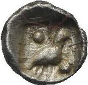 reverse: Caria. Mylasa. Circa 420-390 BC. Tetartemorion (Silver, 5.45 mm, 0.13 g). Forepart of roaring lion right protruding tongue. Rev. Bird standing right, pellet above to left and below to right, all within incuse square. SNG Kayhan I,944. SNG Keckman 922. SNG von Aulock 1818. SNG Copenhagen - . Klein 432. HN online temp. 977. Lightly toned. Good Very Fine.