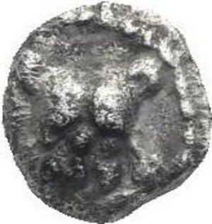 obverse: Caria. Mylasa. Circa half of 5th Century BC. Tetartemorion (Silver, 5.22 mm, 0.20 g). Facing head of a lion with its forelegs on either side. Rev. Forepart of roaring lion right, head turned back with linear outline of its back between jaws; below, reversed foreleg. HN online - (but cfr. nn. 43 and 52 both temporary). About Very Fine. Apparently unpublished. 