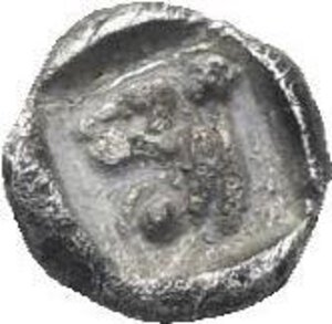 reverse: Caria. Mylasa. Circa half of 5th Century BC. Tetartemorion (Silver, 5.22 mm, 0.20 g). Facing head of a lion with its forelegs on either side. Rev. Forepart of roaring lion right, head turned back with linear outline of its back between jaws; below, reversed foreleg. HN online - (but cfr. nn. 43 and 52 both temporary). About Very Fine. Apparently unpublished. 