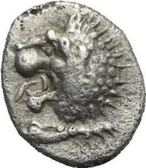 obverse: Caria. Hekatomnos, Satrap. Mylasa. Circa 395-353 BC. Hemiobol (Silver, 7.06 mm, 0.46 g). Forepart of roaring lion right, head turned back. Rev. Facing head of a lion with its forelegs on either side; below, trident. SNG von Aulock 1819 (Miletos). SNG Tubingen 3310. Toned. Good Very Fine.