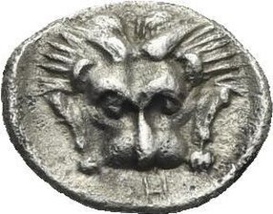 reverse: Caria. Hekatomnos, Satrap. Mylasa. Circa 395-353 BC. Hemiobol (Silver, 7.06 mm, 0.46 g). Forepart of roaring lion right, head turned back. Rev. Facing head of a lion with its forelegs on either side; below, trident. SNG von Aulock 1819 (Miletos). SNG Tubingen 3310. Toned. Good Very Fine.