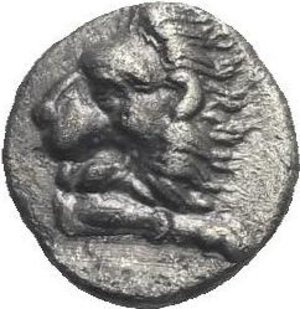 obverse: Caria. Maussolos, Satrap. Mylasa. Circa 377-370 BC. Hemiobol (Silver, 6.88 mm, 0.39 g). Forepart of roaring lion right, head turned back. Rev. MA, trident. HN Online 939 temp. Toned. Good Very Fine.