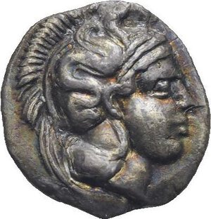 obverse: Lucania. Herakleia. Circa 432-420 BC. Diobol (Silver, 12.03 mm, 1.18 g) Head of Athena right, wearing crested Attic helmet decorated with hippocamp. Rev. Herakles nude crouched right, strangling the Nemean lion. Van Keuren 38. SNG ANS 20. HN Italy III, 1360. HGC 1, 984. Attractive iridescent old cabinet tone. Extremely Fine. 
