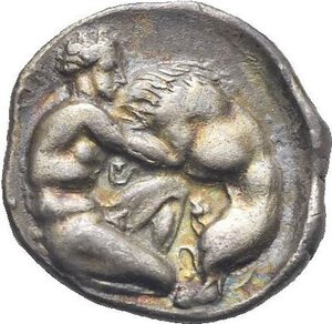 reverse: Lucania. Herakleia. Circa 432-420 BC. Diobol (Silver, 12.03 mm, 1.18 g) Head of Athena right, wearing crested Attic helmet decorated with hippocamp. Rev. Herakles nude crouched right, strangling the Nemean lion. Van Keuren 38. SNG ANS 20. HN Italy III, 1360. HGC 1, 984. Attractive iridescent old cabinet tone. Extremely Fine. 
