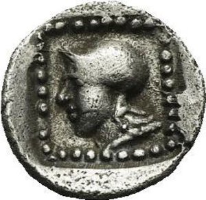 reverse: Lycia. Uncertain dynast. Circa 520-460 BC. Hemiobol (Silver, 8.17 mm, 0.26 g). Lion mask facing. Rev. Helmeted head left (Athena?). Apparently unpublished.. Cabinet tone. Good Very Fine.