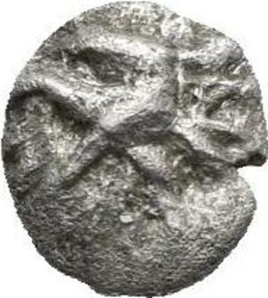 obverse: Western Asia Minor. Uncertain mint and/or dynast. 5th Century BC. Tetartemorion (Silver, 5.58 mm, 0.16 g). Uncertain design (head of griffin left or head of lion right?). Rev. Uncertain design (ΘE ligate or a diadem?). Lightly toned. Very Fine - Good Very Fine. Apparently unpublished.