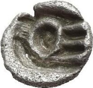 reverse: Western Asia Minor. Uncertain mint and/or dynast. 5th Century BC. Tetartemorion (Silver, 5.58 mm, 0.16 g). Uncertain design (head of griffin left or head of lion right?). Rev. Uncertain design (ΘE ligate or a diadem?). Lightly toned. Very Fine - Good Very Fine. Apparently unpublished.