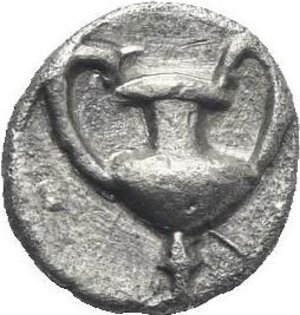 obverse: Cilicia. Nagidos. Circa 400-380 BC. Obol (Silver 7.90 mm, 0.47 g). Amphora, ivy leaf on the left. Rev. Kantharos. SNG BN 19 var. (ethnic on reverse). Toned. Very Fine. Rare.