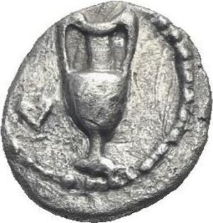 reverse: Cilicia. Nagidos. Circa 400-380 BC. Obol (Silver 7.90 mm, 0.47 g). Amphora, ivy leaf on the left. Rev. Kantharos. SNG BN 19 var. (ethnic on reverse). Toned. Very Fine. Rare.