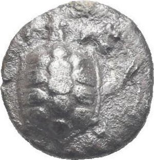 obverse: Cilicia. Mallos. Circa 440-390 BC. Obol (Silver, 8.31 mm, 0.66 gr). Tortoise. Rev. M - AP, Female head facing. Cfr. SNG Levante 168 (obverse) and 143 (reverse). Deeply toned. Very Fine. Extremely Rare.