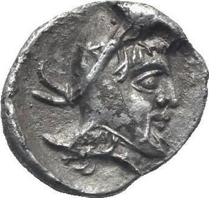 reverse: Cilicia. Tiribazos, Satrap of Lydia. Mallos. Circa 388-380 BC.  Obol (Silver, 9.62 mm, 0.58 g). Bare head of Aphrodite right. Rev. Head of a Persian satrap (Tiribazos?) to right, bearded and wearing a bashlyk. Cf. Casabonne Type 2, Group Db. Göktürk –. Cf. SNG Levante 193 (uncertain mint); Winzer 10.10. Attractive toning. Extremely Fine. Very rare.