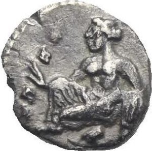 reverse: Cilicia. Tiribazos, Satrap of Lydia. Tarsos. Circa 388-380 BC. Obol (Silver, 8.04 mm, 0.50 g). Male head right. Rev. Female kneeling left, tossing astragaloi. SNG BN 239. SNG Levante 65. Toned. Good Very Fine.