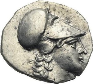 obverse: Lucania. Metapontion. Circa 325-275 BC. Diobol (Silver, 12.49 mm, 1.28 g) Head of Athena right, wearing Corinthian helmet and flowing hair behind neck. Rev. META vertical to left. Ear of grain with leaf to right, cornucopia above. Johnston, Metapont III, F21. HN Italy - (cfr. 1596 corr.). HGC 1, 1078. Light tone. Fine style. Some deposits. otherwise, Good Extremely Fine. 
