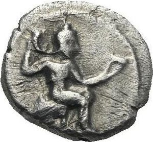 obverse: Cilicia. Tiribazos, Satrap of Lydia. Tarsos. Circa 388-380 BC. Obol (Silver, 8.91 mm, 0.90 g). Baal enthroned right, holding eagle and sceptre; on the left, monogram. Rev. TRZ (in Aramaic), Baal (?), nude except for cloak tied around shoulders, standing right, holding eagle and lotus-tipped sceptre. SNG Levante 67. Göktürk 19 and pl. xviii, 9. Traité II, 2, 1384 and pl. CXXXVII, 11. Toned. Good Very Fine.