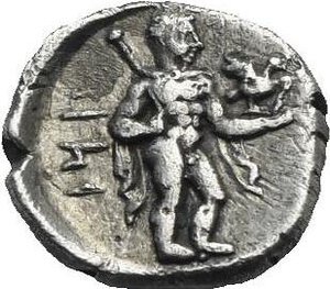 reverse: Cilicia. Tiribazos, Satrap of Lydia. Tarsos. Circa 388-380 BC. Obol (Silver, 8.91 mm, 0.90 g). Baal enthroned right, holding eagle and sceptre; on the left, monogram. Rev. TRZ (in Aramaic), Baal (?), nude except for cloak tied around shoulders, standing right, holding eagle and lotus-tipped sceptre. SNG Levante 67. Göktürk 19 and pl. xviii, 9. Traité II, 2, 1384 and pl. CXXXVII, 11. Toned. Good Very Fine.