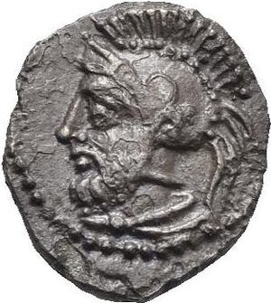 obverse: Cilicia. Time of Tarkumuwa (Datames) and Mazaios, Satrap of Cilicia and Cappadocia. Tarsos. Circa 380-360 BC. Obol (Silver, 8.62 mm, 0.68 g). Helmeted and bearded head left (Ares?). Rev. Female head left, wearing tripartite crown. Göktürk 50. SNG Levante – (but cfr. 214 for a similar tetartemorion). Dark patina, with minor metal exfoliation. About Extremely Fine. Rare.