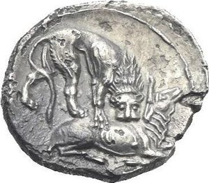 reverse: Cilicia. Mazaios, Satrap of Cilicia. Tarsos. Circa 360-334 BC. Obol (Silver, 10.81 mm, 0.61 g). Crowned and bearded figure (King of Persia?) seated right, holding lotus flower in right hand and lotus-tipped scepter in left. Rev. Lion attacking stag to right. Göktürk -. SNG Levante 183 (Myriandros). SNG Paris 426-8 (Myriandros). Minor roughness, otherwise, Extremely Fine.