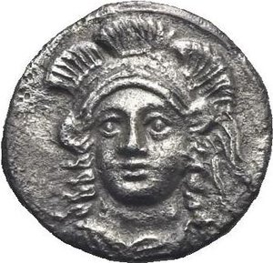 obverse: Cilicia. Uncertain mint and/or dynast. 4th Century BC. Obol (Silver, 11.10 mm, 0.64 g). Helmeted head of Athena facing slightly left. Rev. Persian king standing right, with bow over shoulder, holding staff and arrows. Göktürk –. SNG Levante –. SNG France 475 = Traite II 736. Sunrise 91. Attractive toning with some roughness. Good Very Fine.