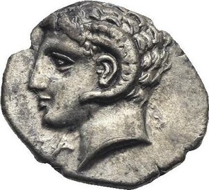 obverse: Lucania. Metapontion. Circa 325-275 BC. Diobol (Silver, 12.51 mm, 1.09 g) Head of youthful Apollo Karneios left, wearing ram’s horn around ear, ΣΑ below chin. Rev. META Ear of grain with leaf to right on which stand an owl and a grasshopper, Π below leaf. HN Italy 1601. Johnston-Noe F7.2. SNG ANS 495. De Luynes 514. SNG Lockett 431. Dark tone. Near Extremely Fine/Extremely Fine.


