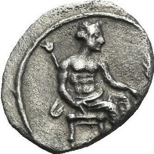 reverse: Cilicia. Uncertain mint and/or dynast. 4th Century BC. Obol (Silver, 10.80 mm, 0.87 g). Baal enthroned right, holding sceptre, ear and grape. Rev. Laureate head of Apollo left. SNG Paris 481. Traité II, 622 (Datames). Extremely Fine. Rare.

