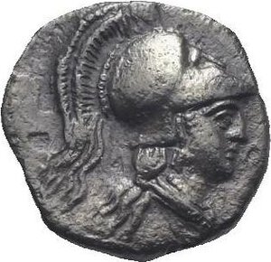 obverse: Cilicia. Soloi. Circa 410-375 BC. Obol (Silver 9.64 mm, 0.62 g). Helmeted head of Athena right. Rev. Θ - Ε, bunch of grape. SNG von Aulock 5872. Deeply toned. About Extremely Fine.